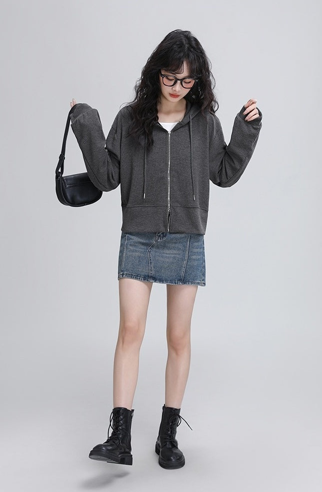 Gray Hooded Casual Zipup Jacket