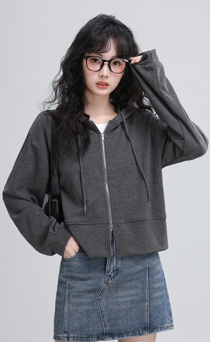 Gray Hooded Casual Zipup Jacket