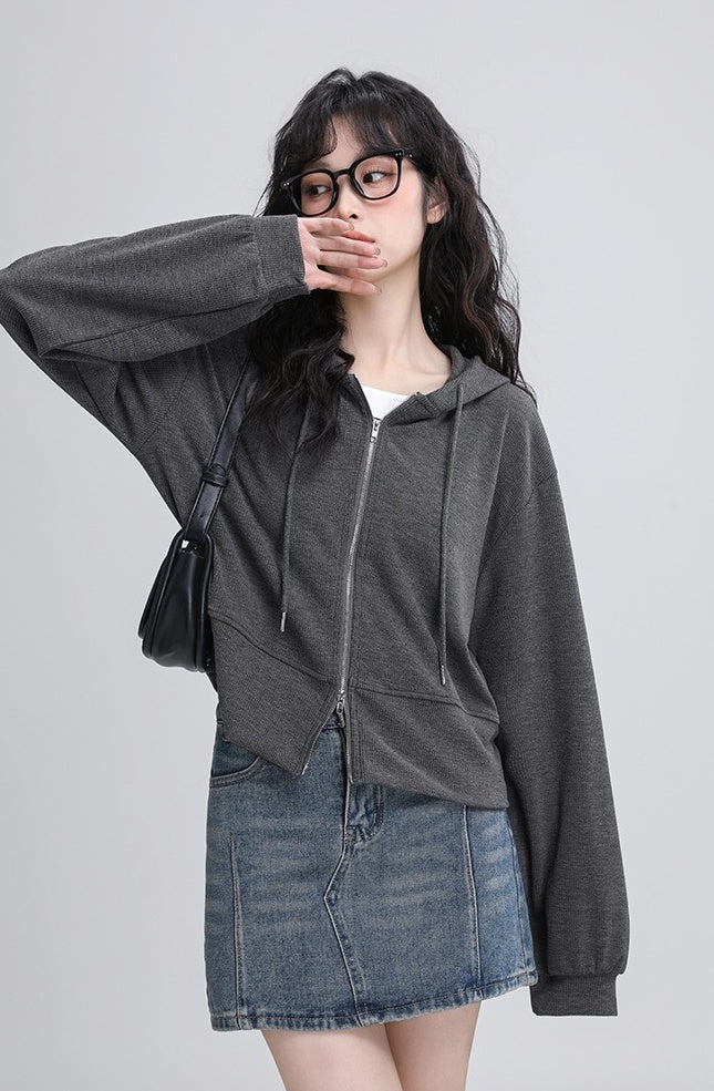 Gray Hooded Casual Zipup Jacket
