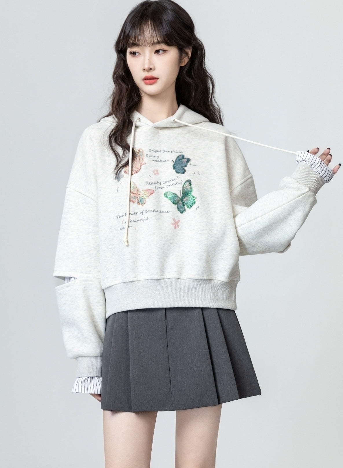 Gray Hoodie Pullover With Layered Shirt Design