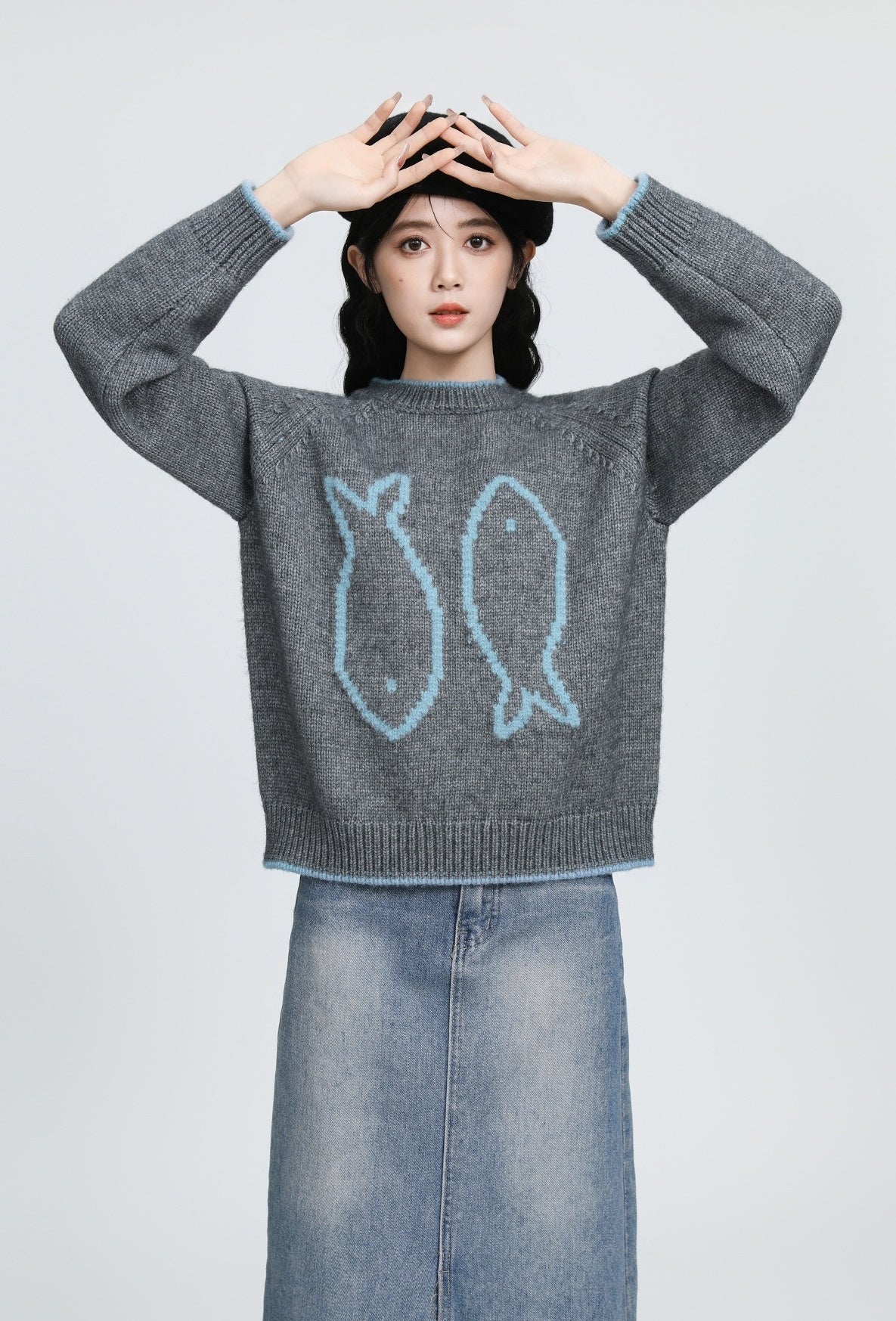 Gray Jacquard Knit Pullover Sweater