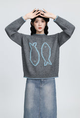 Gray Jacquard Knit Pullover Sweater