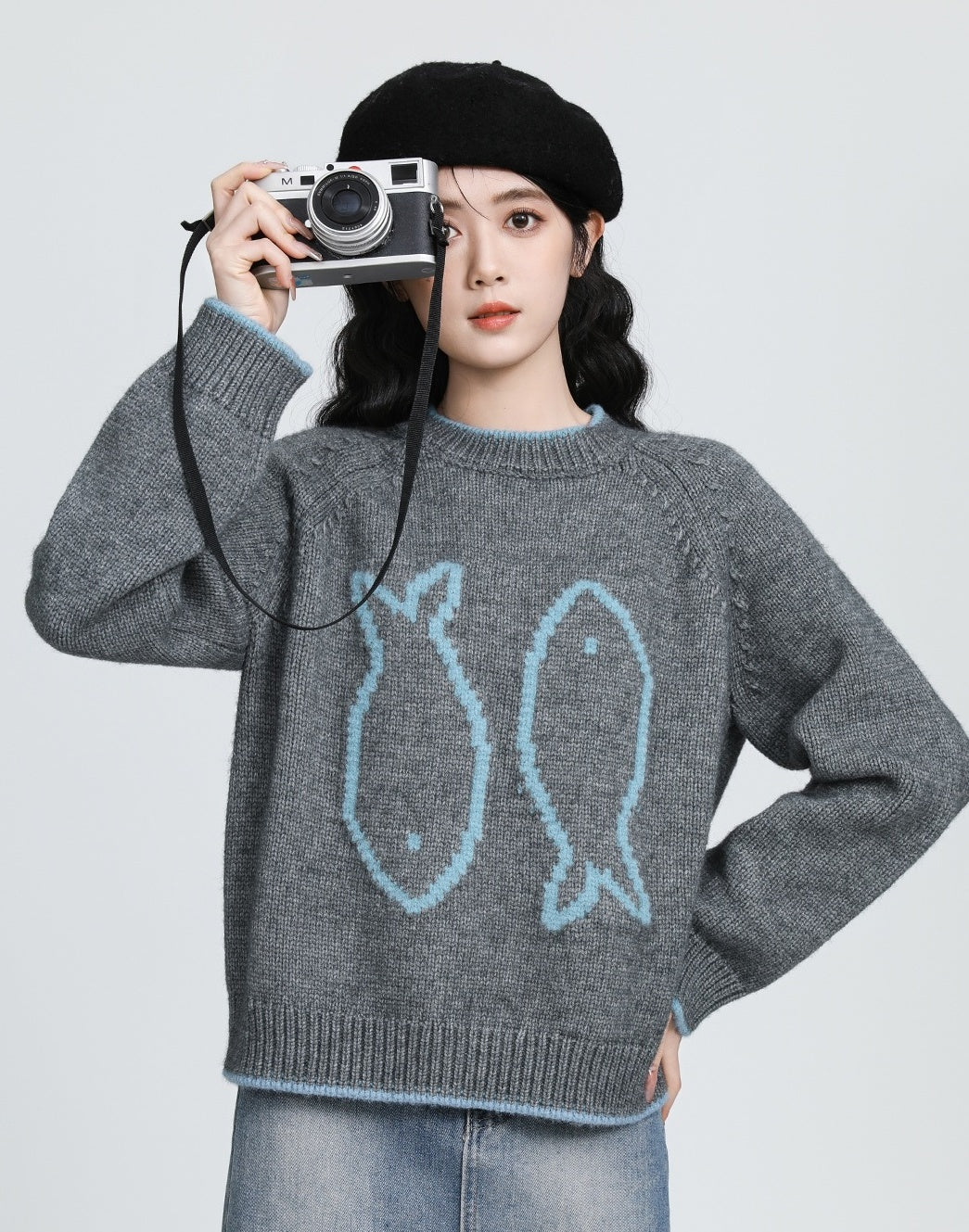 Gray Jacquard Knit Pullover Sweater