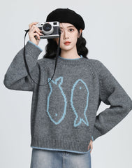 Gray Jacquard Knit Pullover Sweater