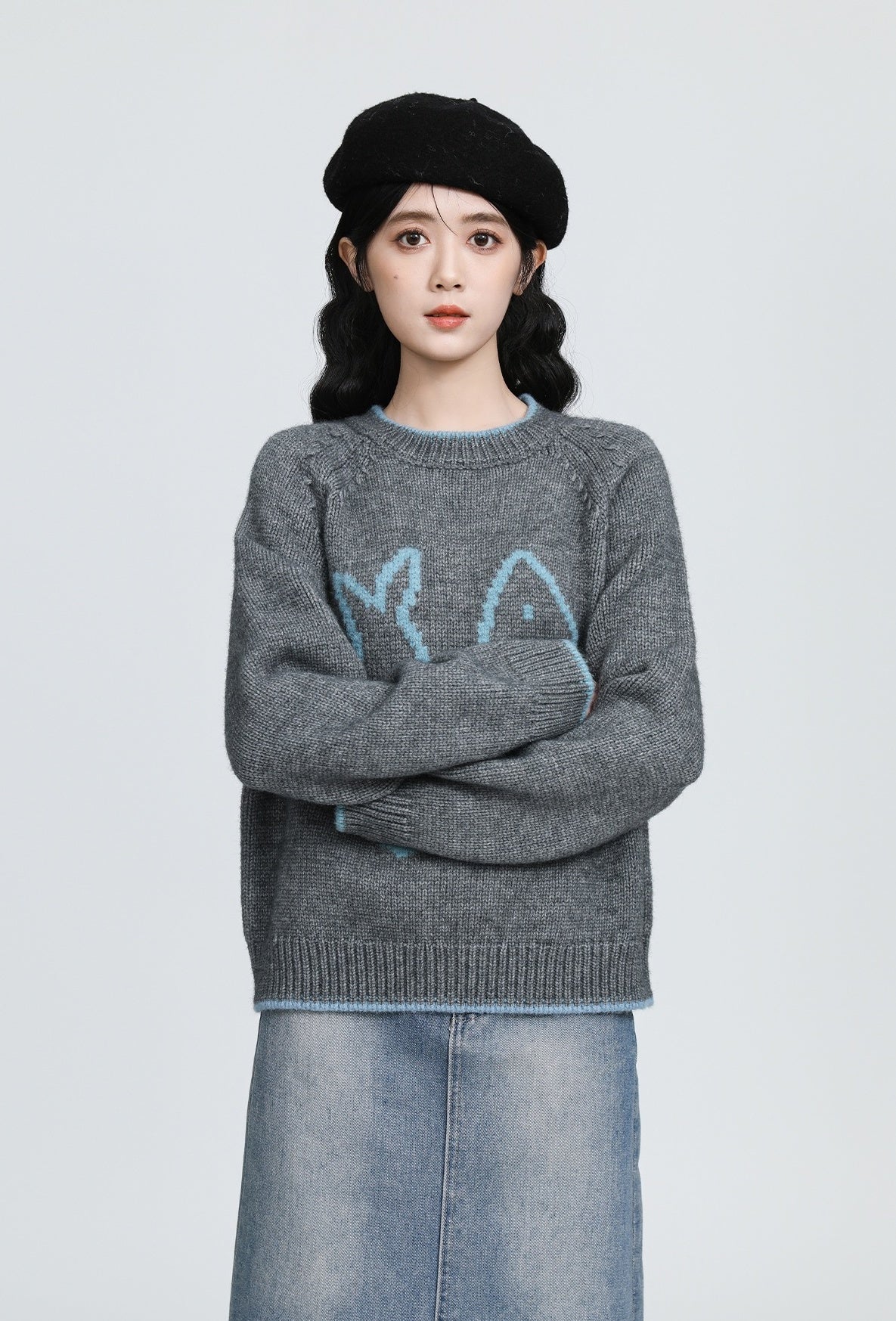 Gray Jacquard Knit Pullover Sweater