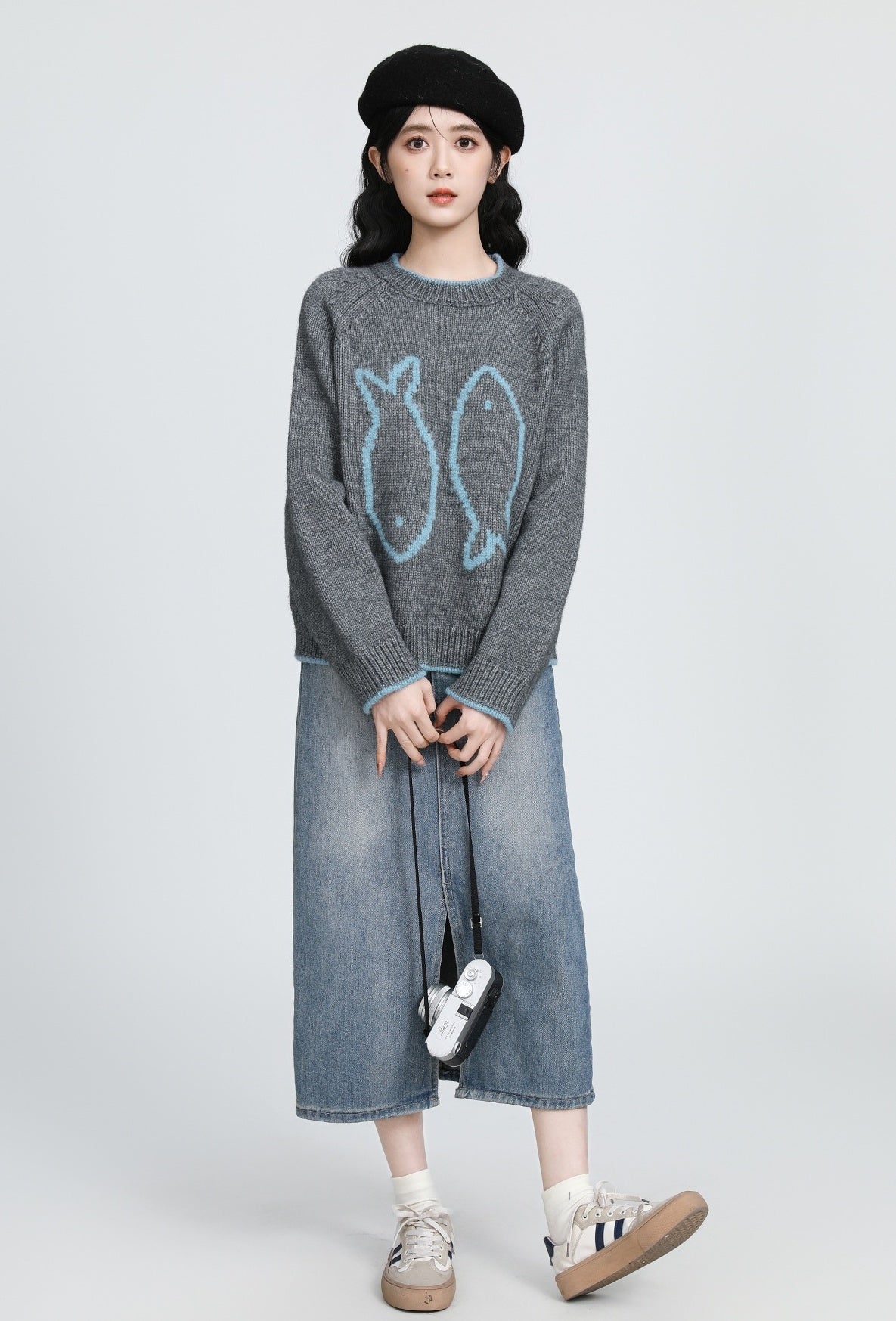 Gray Jacquard Knit Pullover Sweater