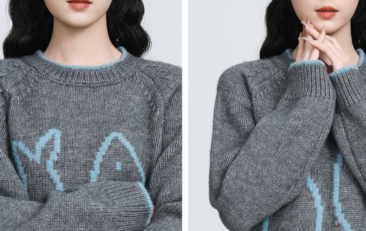 Gray Jacquard Knit Pullover Sweater