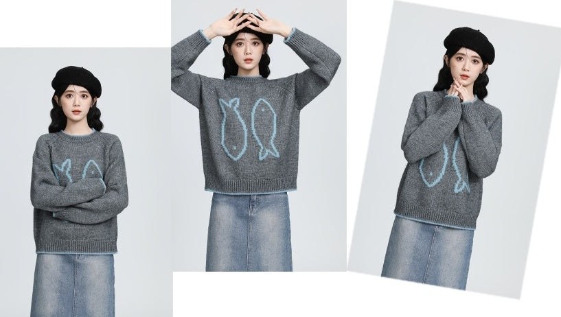Gray Jacquard Knit Pullover Sweater