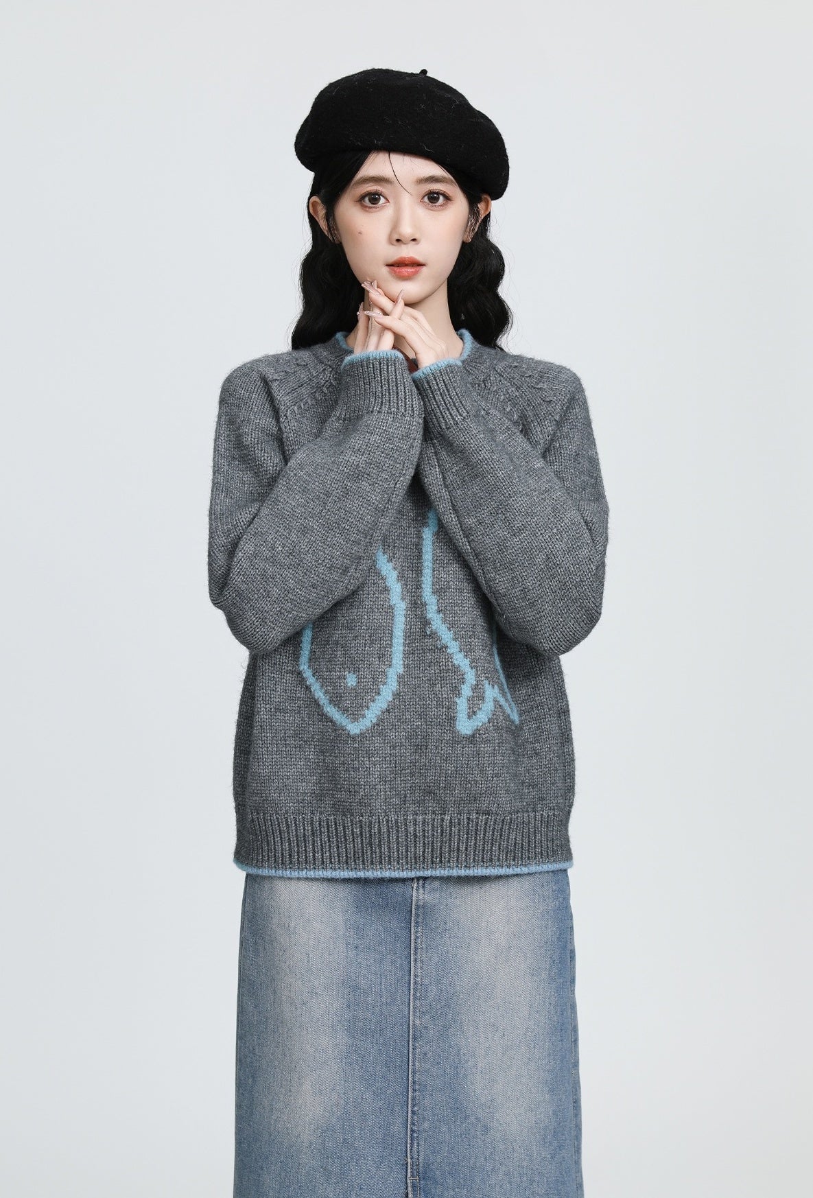 Gray Jacquard Knit Pullover Sweater