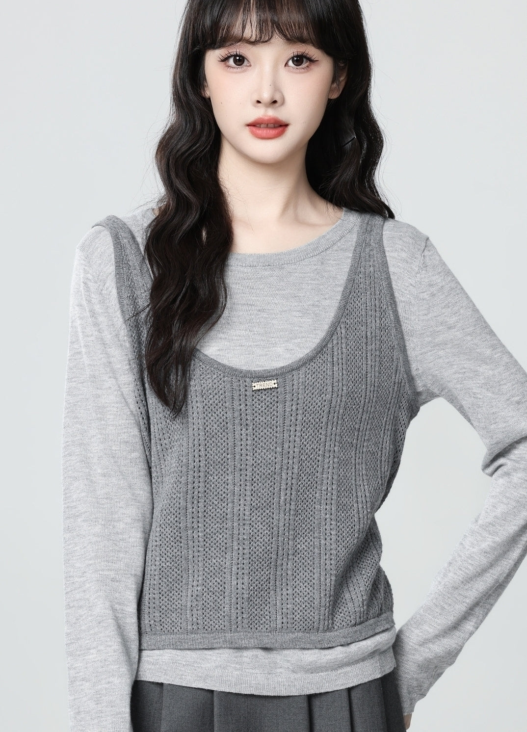 Gray Knit Long Sleeve Top Tank Set