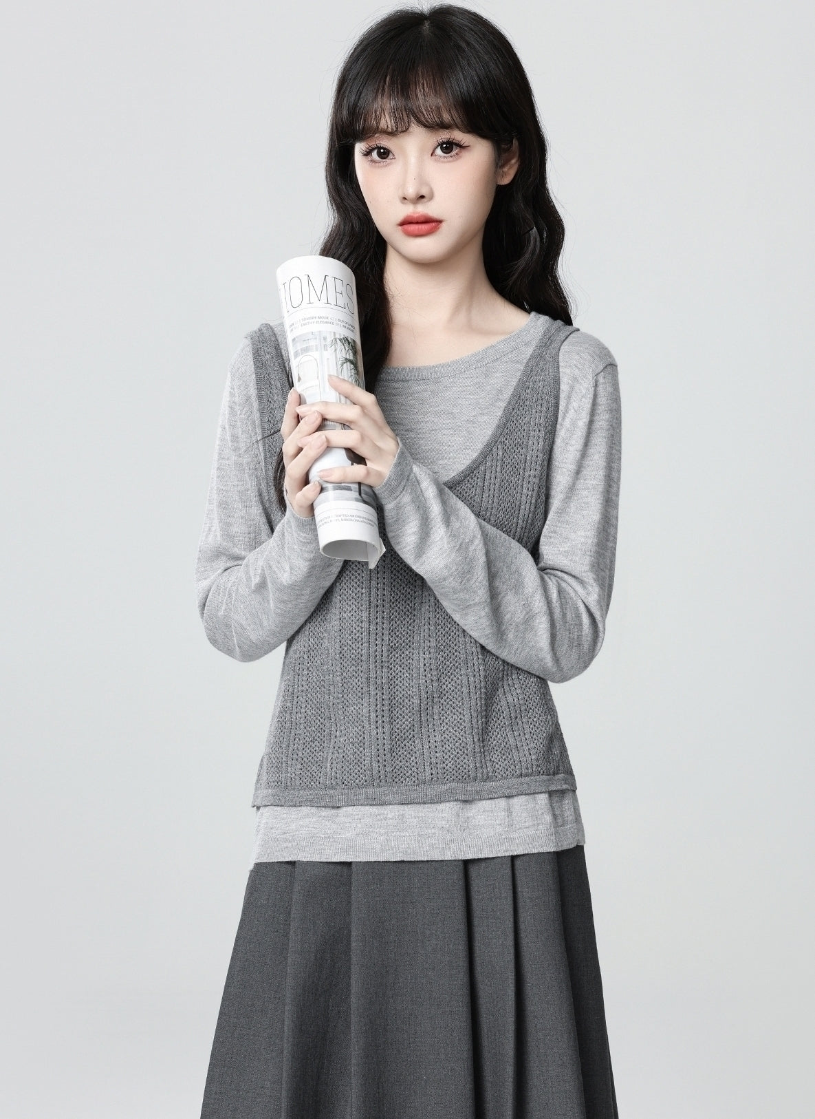 Gray Knit Long Sleeve Top Tank Set