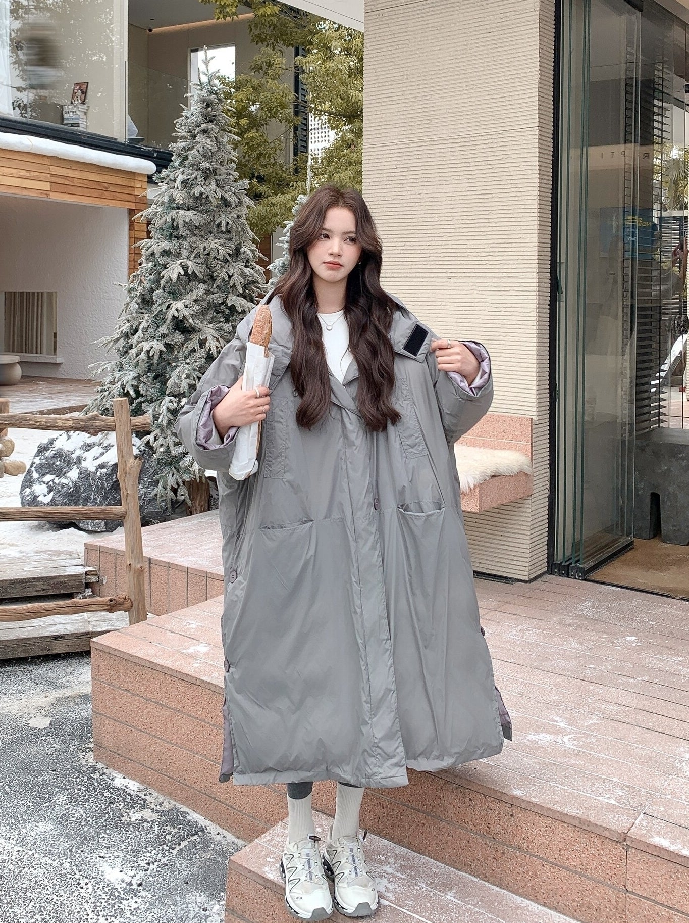 Gray Korean Style Utility Down Puffer Jacket