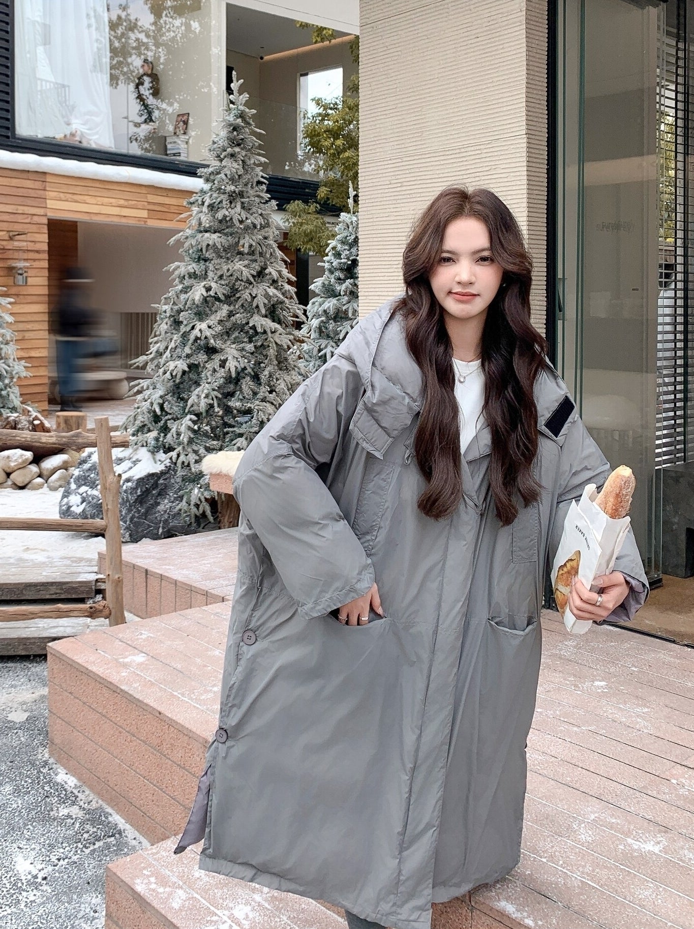 Gray Korean Style Utility Down Puffer Jacket