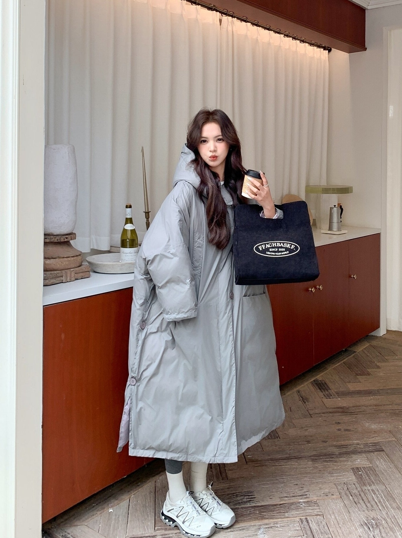 Gray Korean Style Utility Down Puffer Jacket