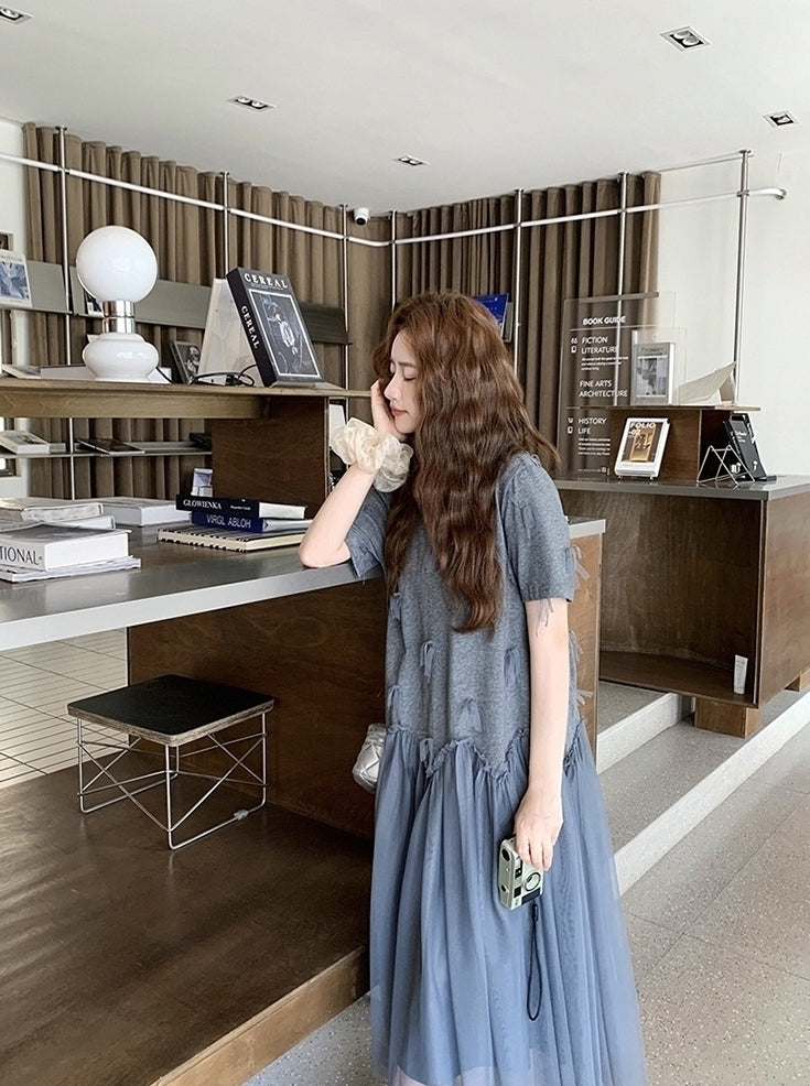 Gray Mesh Panel Loose Fit T Shirt Dress