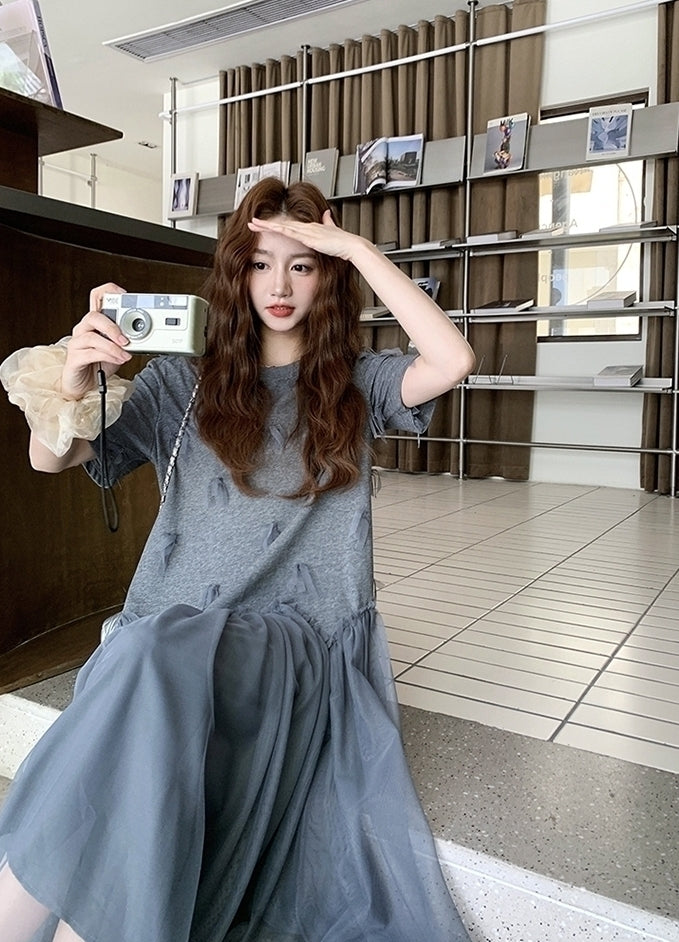 Gray Mesh Panel Loose Fit T Shirt Dress