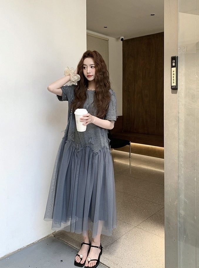 Gray Mesh Panel Loose Fit T Shirt Dress