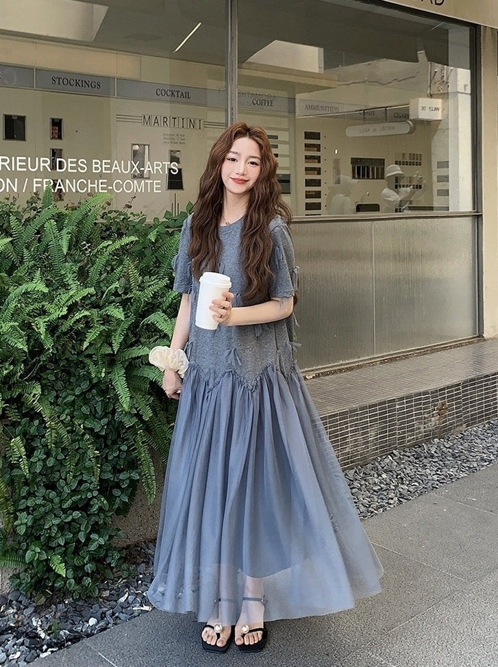 Gray Mesh Panel Loose Fit T Shirt Dress