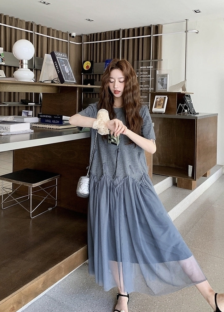 Gray Mesh Panel Loose Fit T Shirt Dress