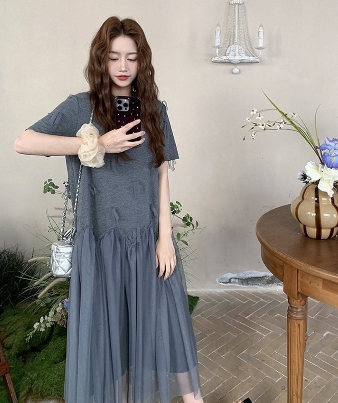 Gray Mesh Panel Loose Fit T Shirt Dress