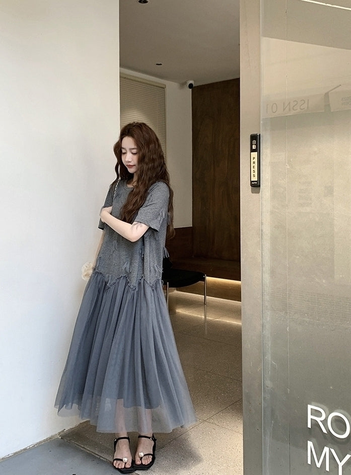 Gray Mesh Panel Loose Fit T Shirt Dress