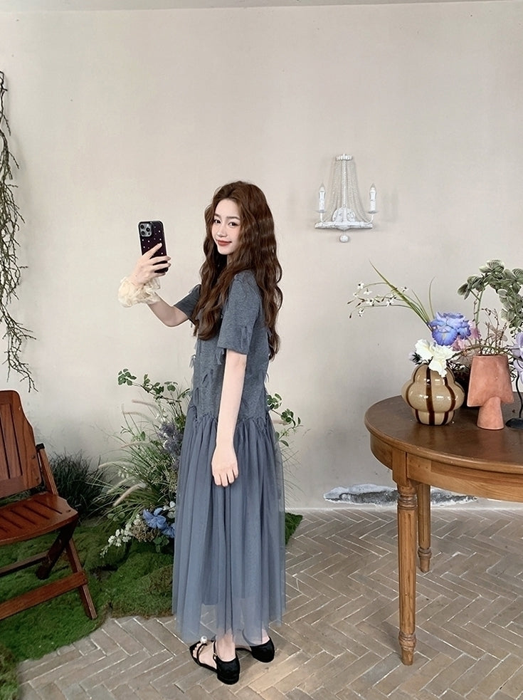 Gray Mesh Panel Loose Fit T Shirt Dress
