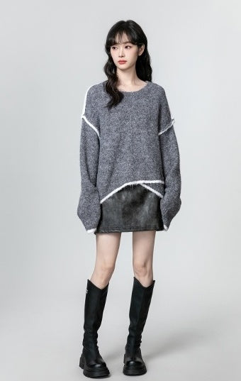 Gray Oversized Colorblock Knit Sweater