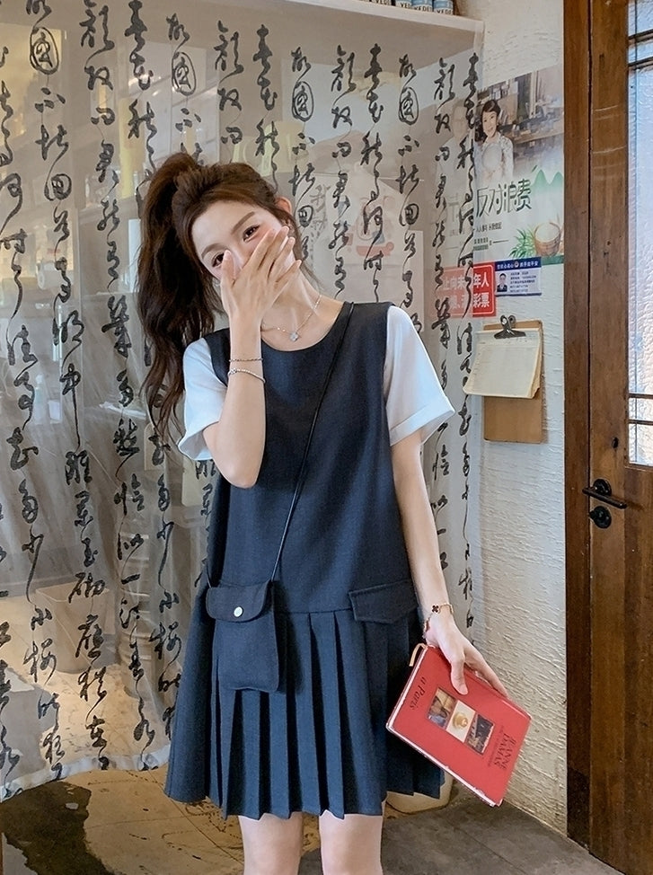 Gray Pleated Layered Patchwork Summer Dress