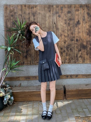 Gray Pleated Layered Patchwork Summer Dress