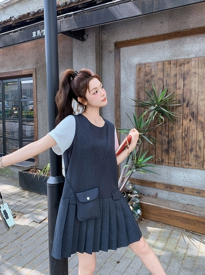 Gray Pleated Layered Patchwork Summer Dress