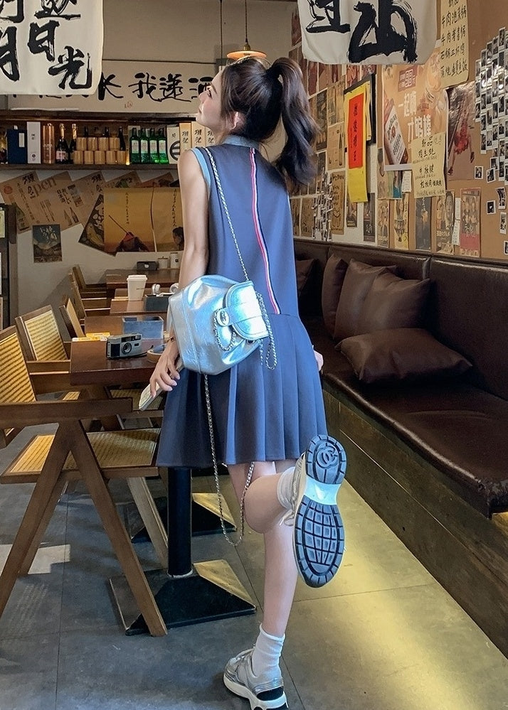 Gray Pleated Polo Dress Casual Sporty Style
