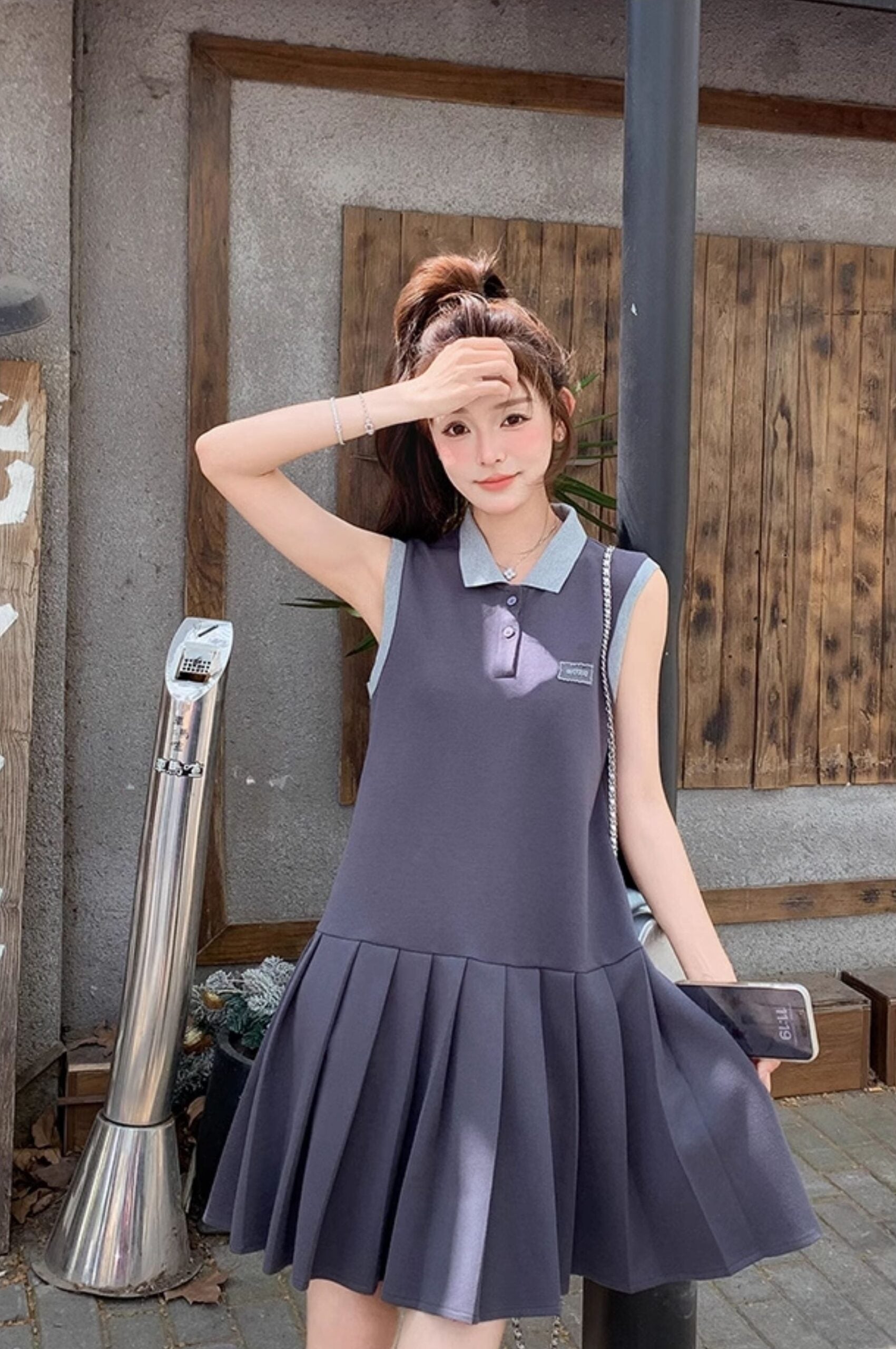 Gray Pleated Polo Dress Casual Sporty Style