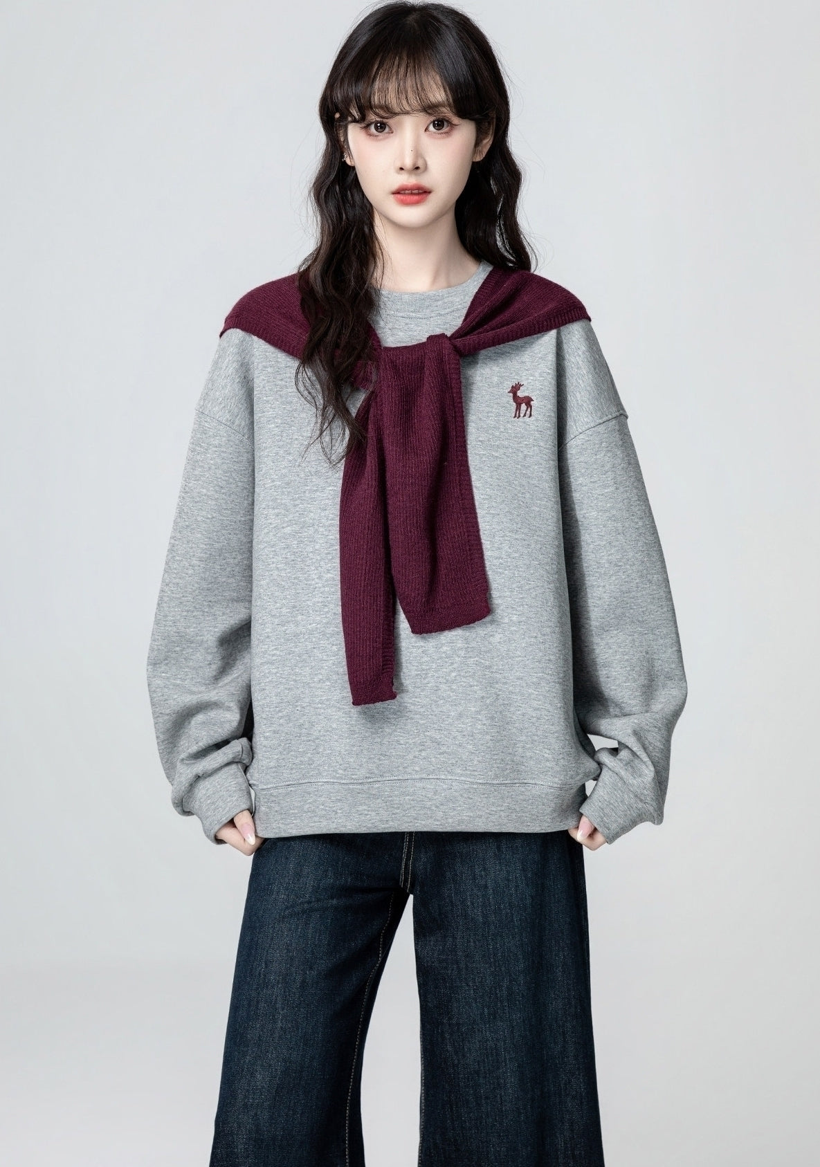 Gray Pullover Crewneck Loose Fit Sweatshirt