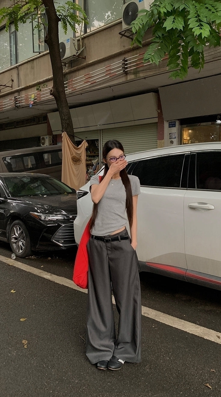 Gray Relaxed Fit Wide Leg Suit Pants