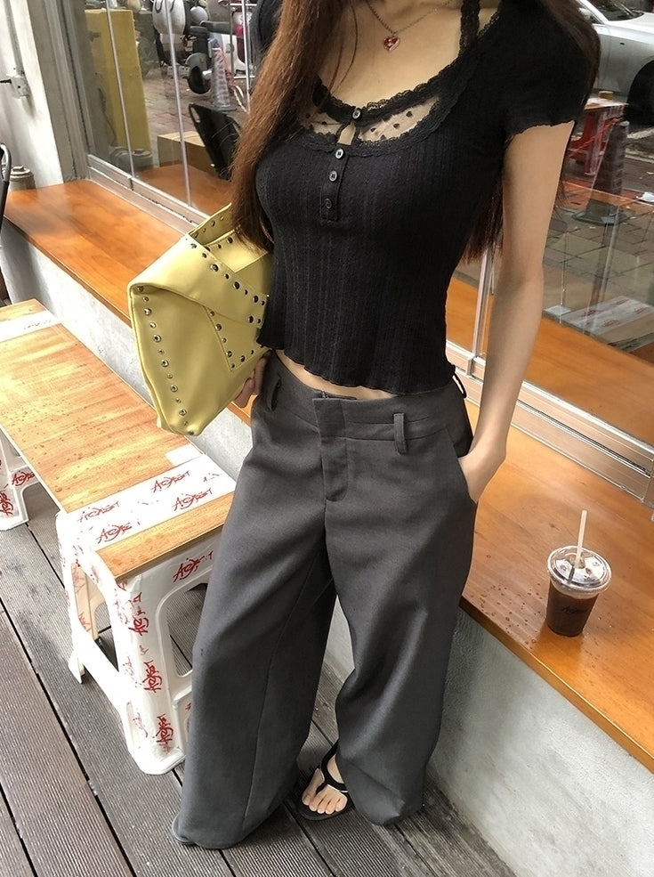 Gray Relaxed Fit Wide Leg Suit Pants