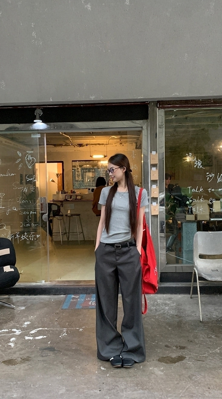 Gray Relaxed Fit Wide Leg Suit Pants