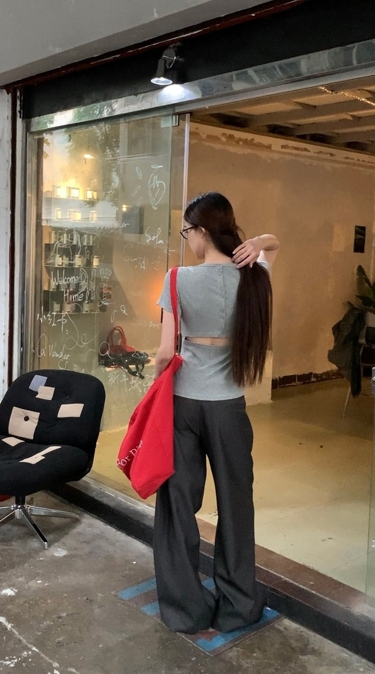 Gray Relaxed Fit Wide Leg Suit Pants