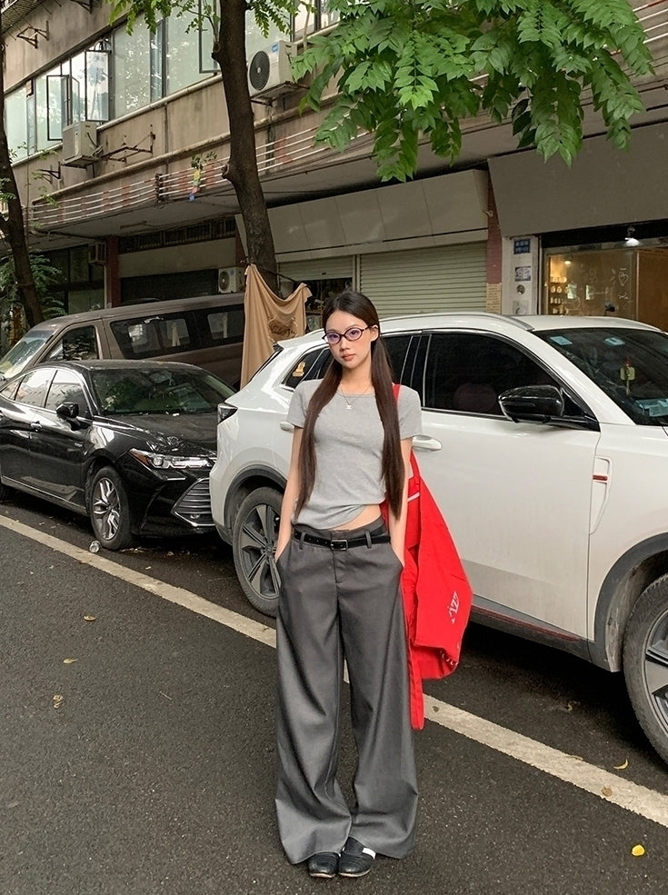 Gray Relaxed Fit Wide Leg Suit Pants