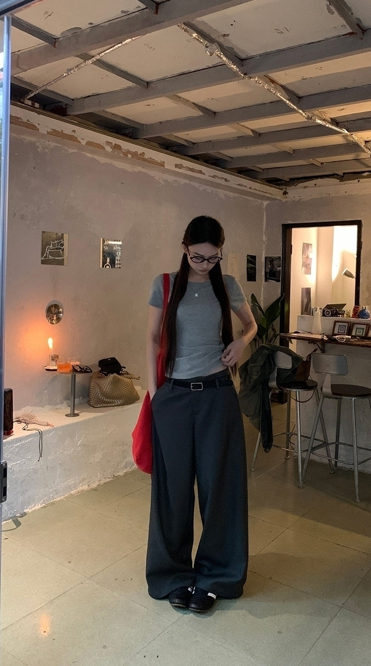 Gray Relaxed Fit Wide Leg Suit Pants
