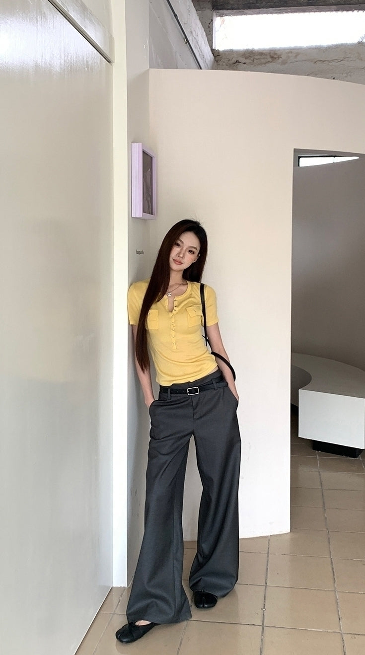 Gray Relaxed Fit Wide Leg Suit Pants