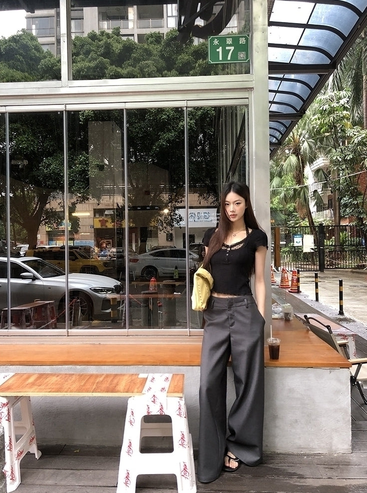 Gray Relaxed Fit Wide Leg Suit Pants