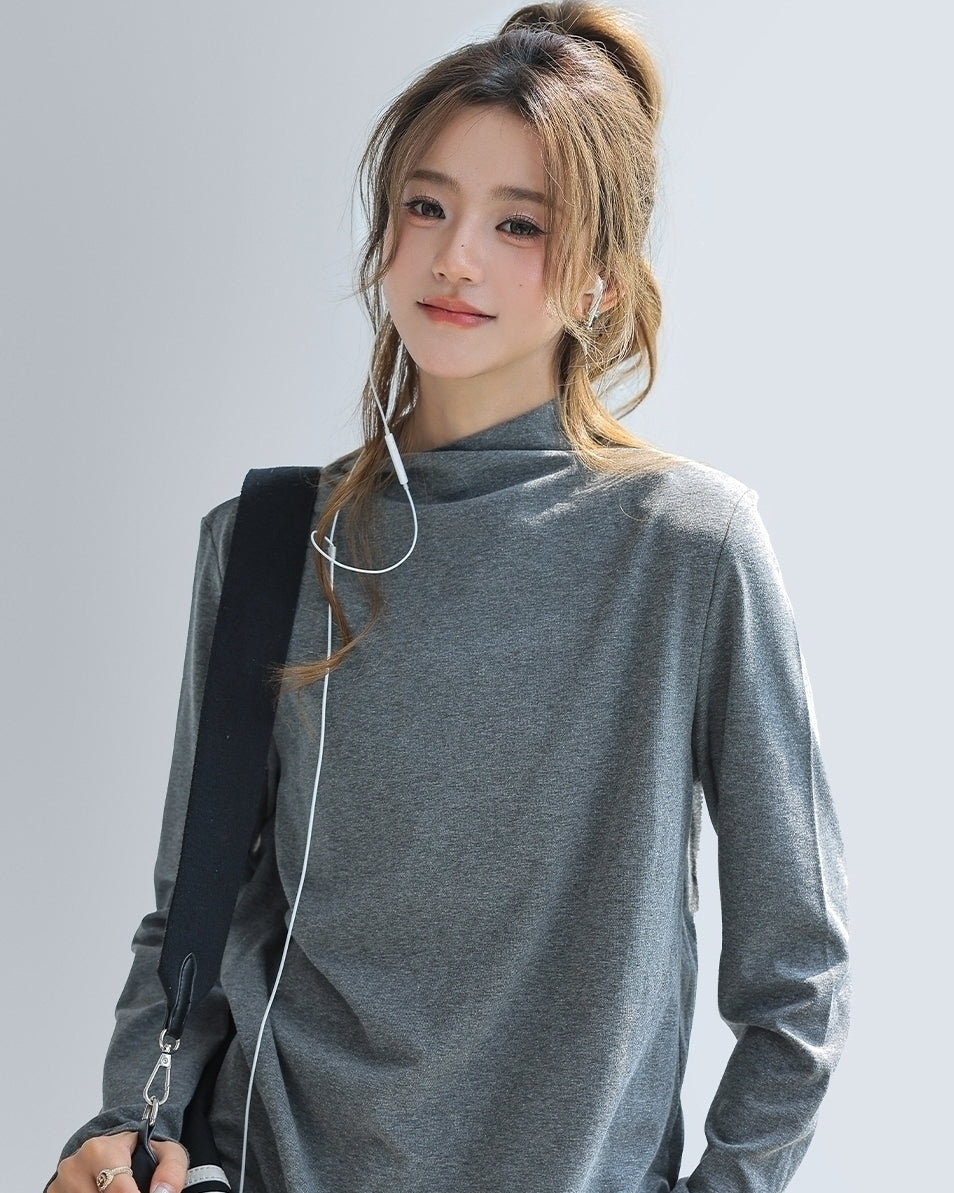 Gray Ruched Long Sleeve Slim Fit Layering Top