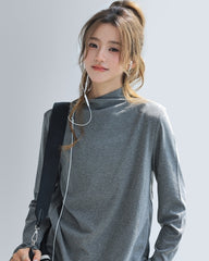 Gray Ruched Long Sleeve Slim Fit Layering Top