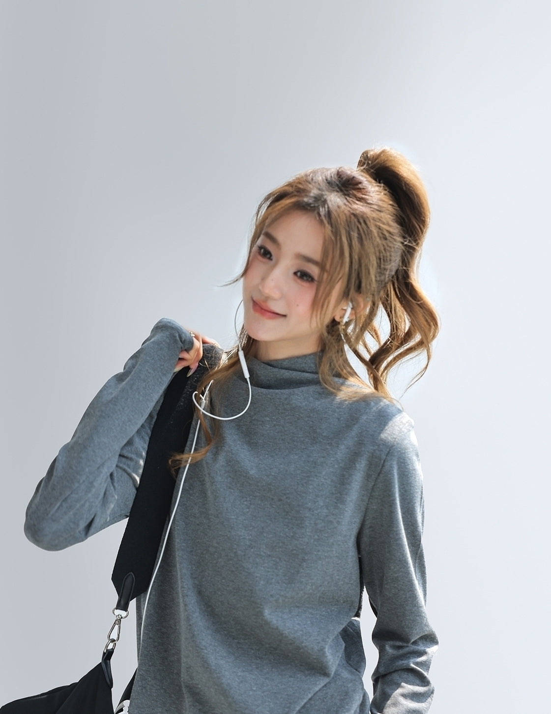 Gray Ruched Long Sleeve Slim Fit Layering Top