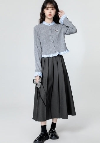 Gray Ruffled Knit Cardigan With Colorblock Trim