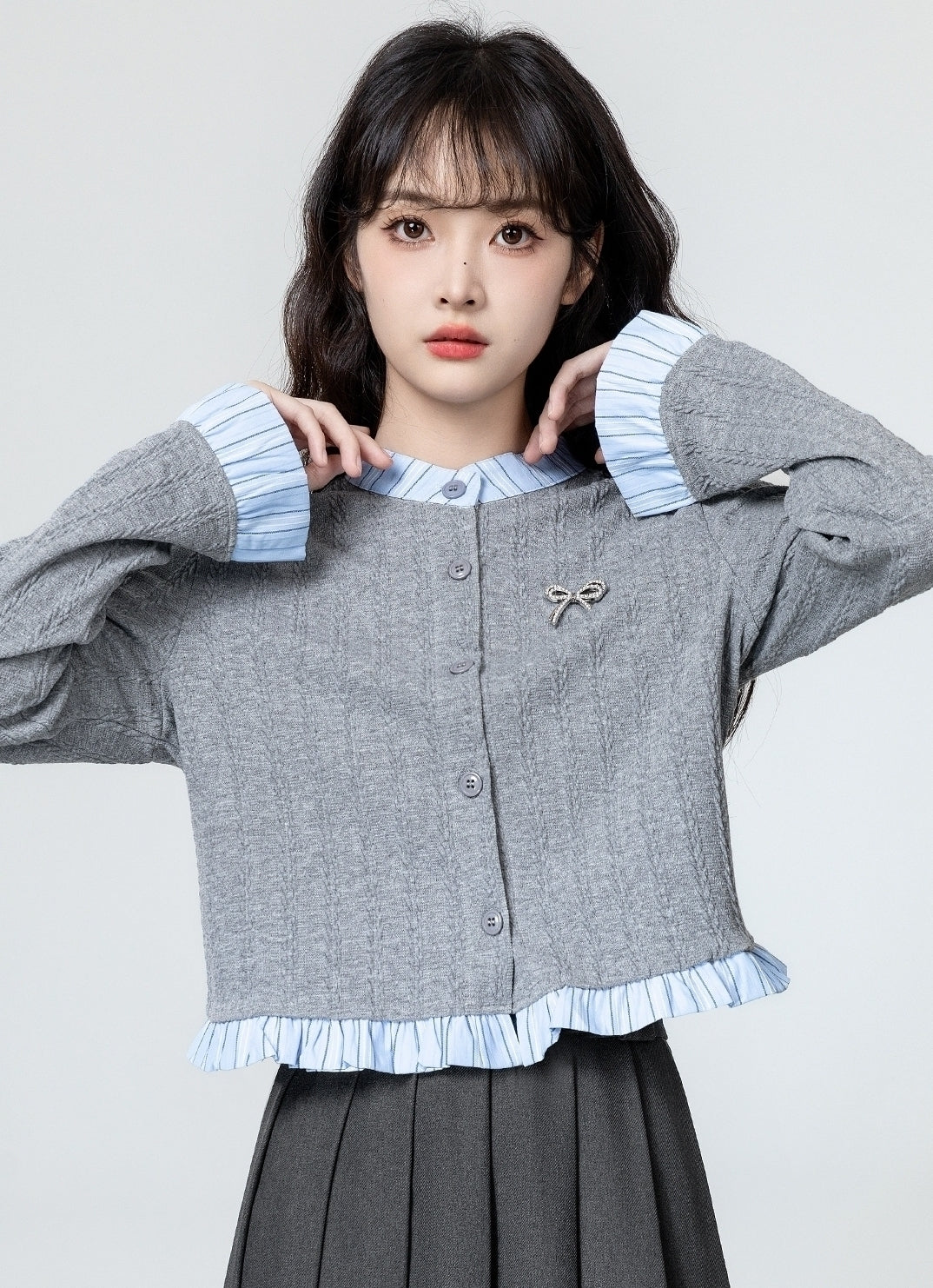 Gray Ruffled Knit Cardigan With Colorblock Trim