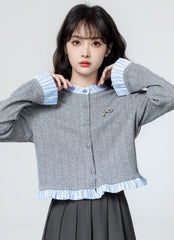 Gray Ruffled Knit Cardigan With Colorblock Trim