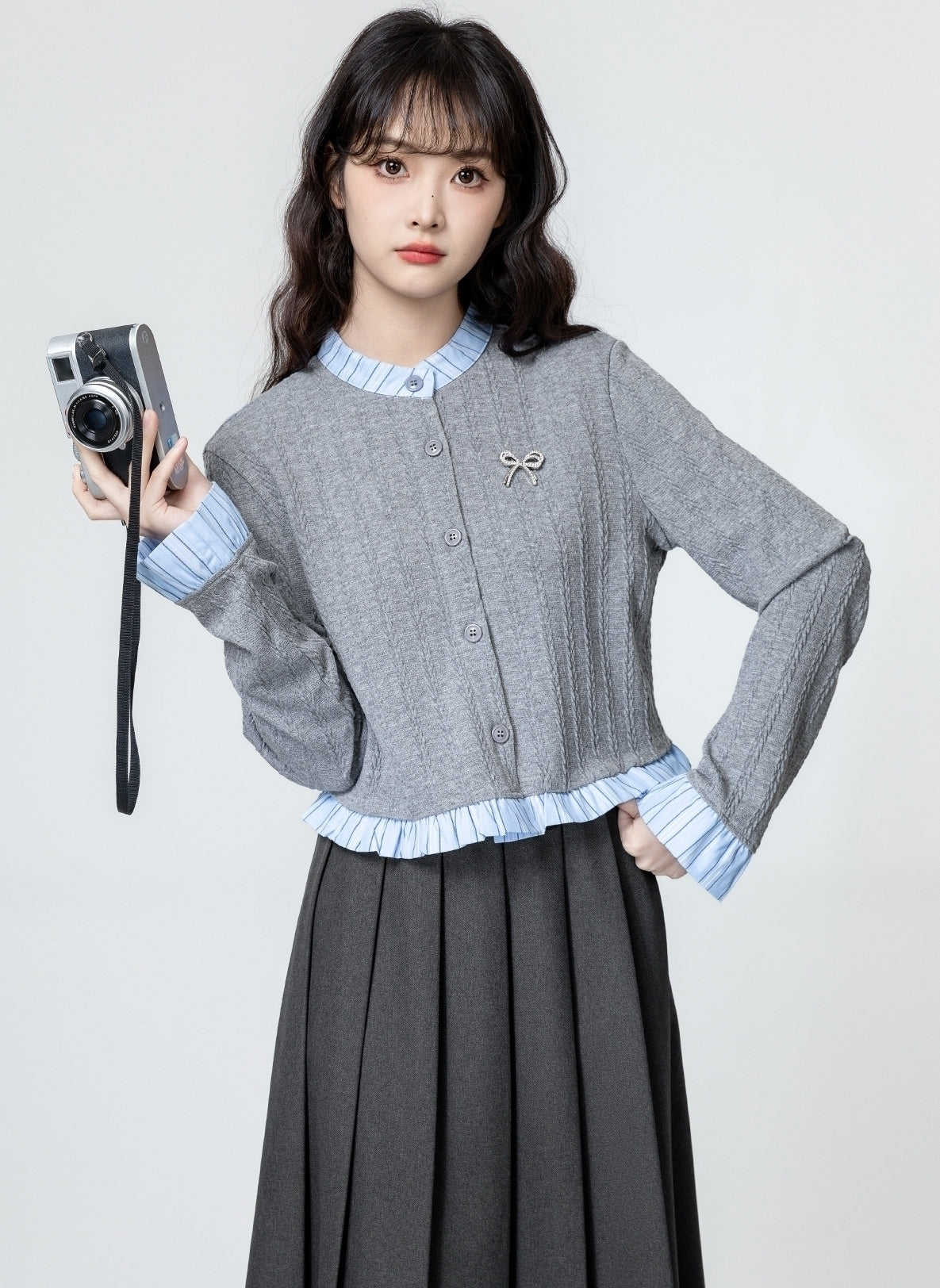 Gray Ruffled Knit Cardigan With Colorblock Trim