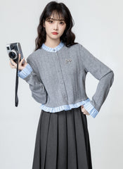 Gray Ruffled Knit Cardigan With Colorblock Trim