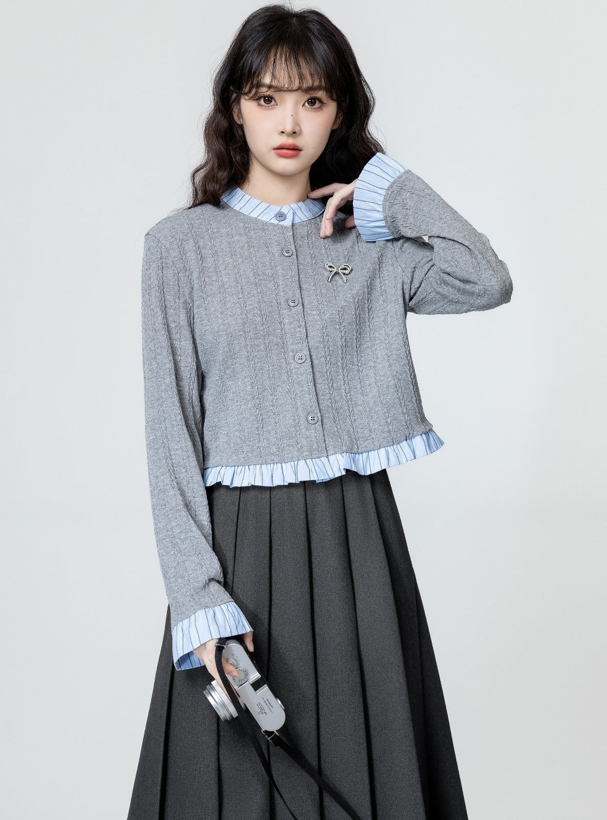 Gray Ruffled Knit Cardigan With Colorblock Trim